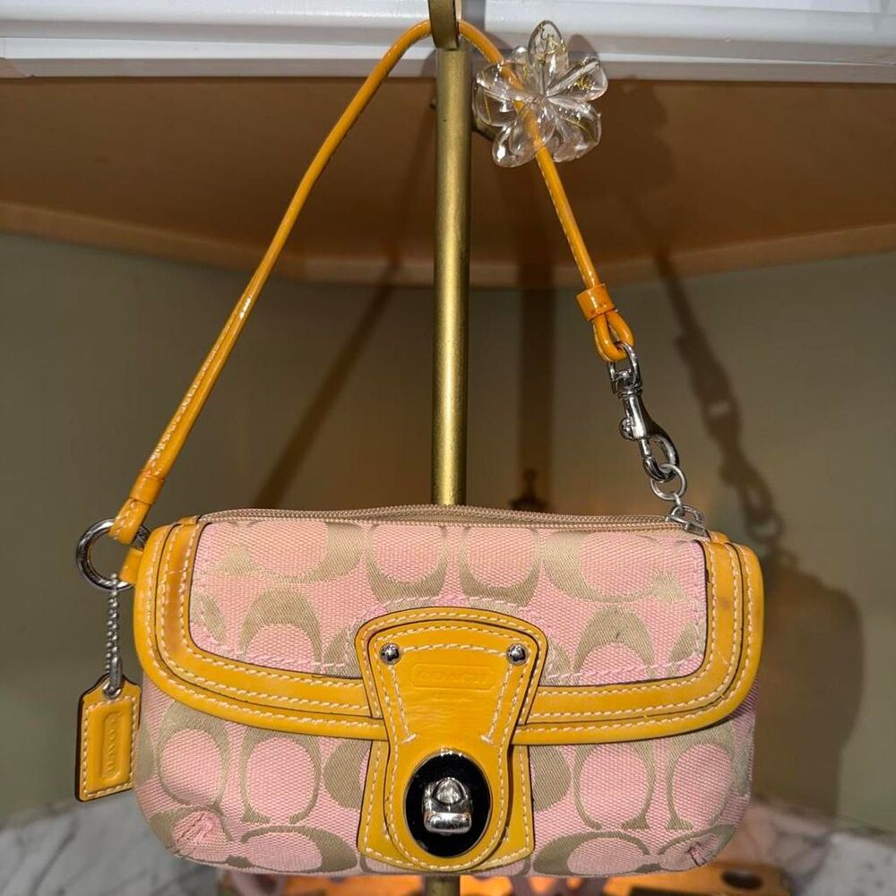 Rare vintage legacy lock jacquard turnlock wristlet,Canvas leather trim